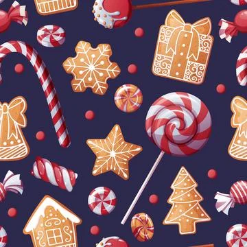 Seamless pattern with lollipops, candies and gingerbread cookies. Suitable fo Stock Illustration