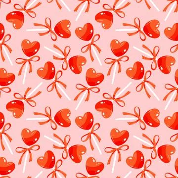 Seamless pattern with lollipops in the shape of hearts and bows. Cute background Stock Illustration