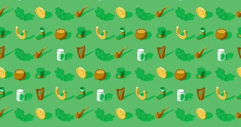 Seamless pattern loop animation of St. Patrick's Day icons on green background Stock Footage 327642768