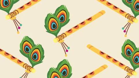 Seamless pattern of Lord Krishna flutes and peacock feathers for Janmashtam.. Stock Illustration