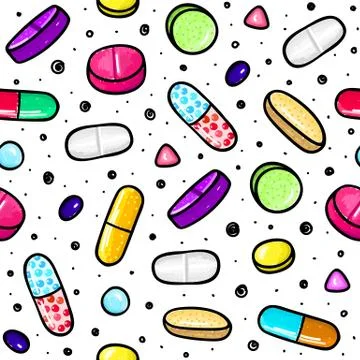 Seamless pattern with lot of pills and capsules. Medicine or dietary suppleme Stock Illustration