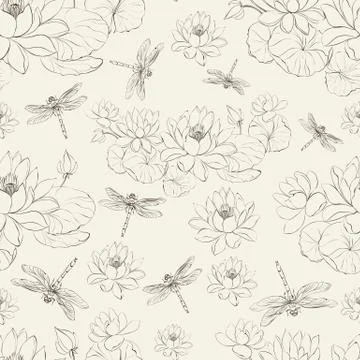 Seamless pattern lotus flower and dragonfly Stock Illustration