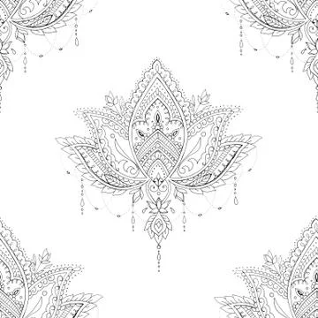 Seamless pattern lotus with ornaments on a white background. Stock Illustration
