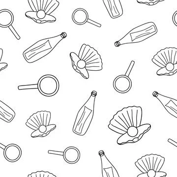 Seamless pattern with loupe, pearl and letter in bottle. Stock Illustration