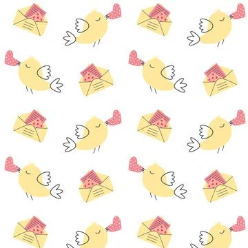 Seamless pattern with love envelope and cute bird with heart in her beak. Rom 스톡 일러스트