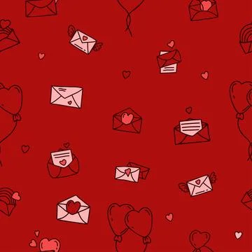 Seamless pattern with love envelopes, letters, hearts, wings, rainbows and Ballo Stock Illustration
