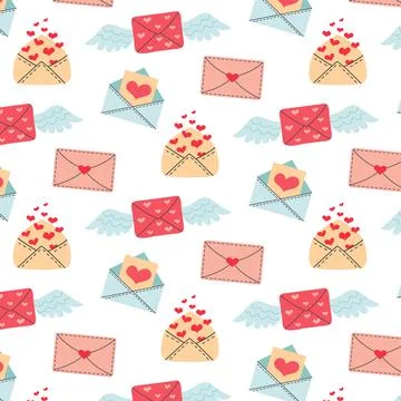 Seamless pattern with love envelopes, letters, hearts, wings. Romantic backgr Stock Illustration
