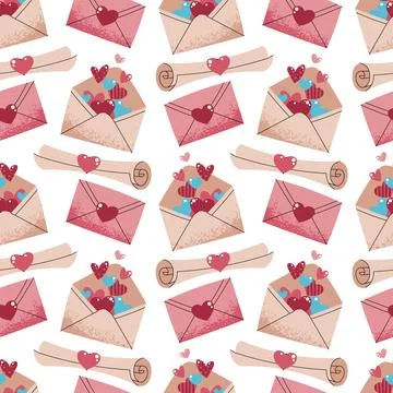 Seamless Pattern With Love Letter, Sealed Envelope And Hearts In Flat Style.. Stock Illustration