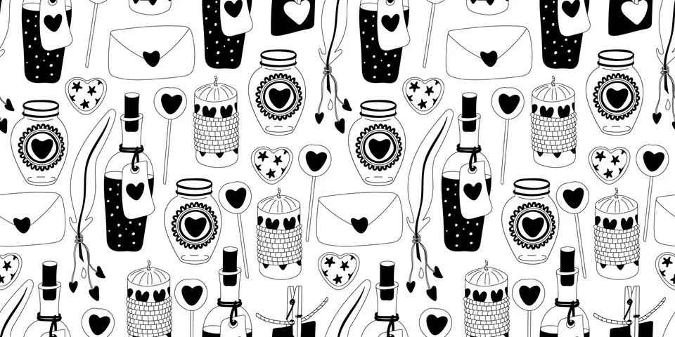 Seamless pattern with love potion,  candles, envelopes doodle. Illustrazione stock