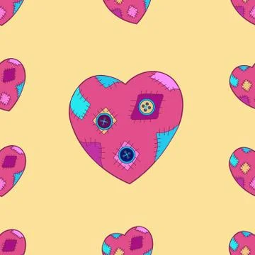 Seamless pattern, love to sew, hobby. Handmade stitched hearts with patches a イラスト素材