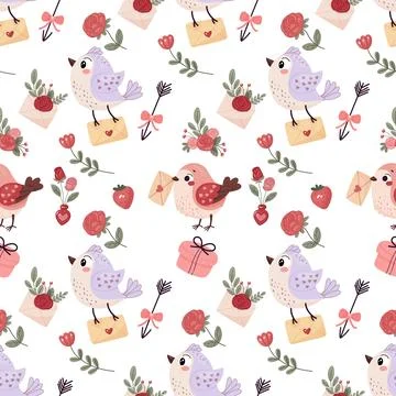 Seamless pattern, love, valentine's day. Cute birds, letter, flowers and hear Stock Illustration