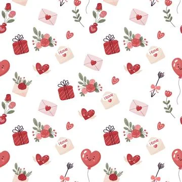 Seamless pattern, love, valentines day. Rose, letter, flowers and heart. Illustrazione stock