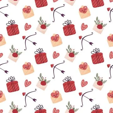 Seamless pattern, love, valentines day, hearts, flowers and letters. Stock Illustration