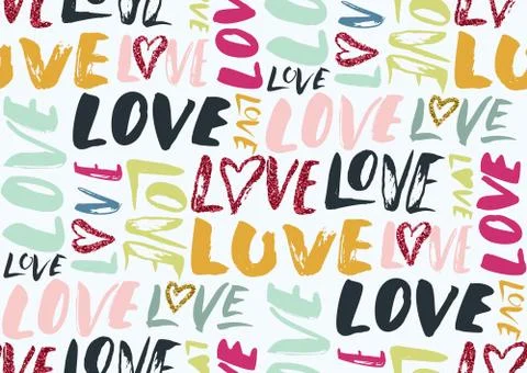 Seamless pattern with love words, hearts. Stock Illustration