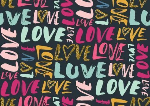 Seamless pattern with love words, hearts. Stock Illustration