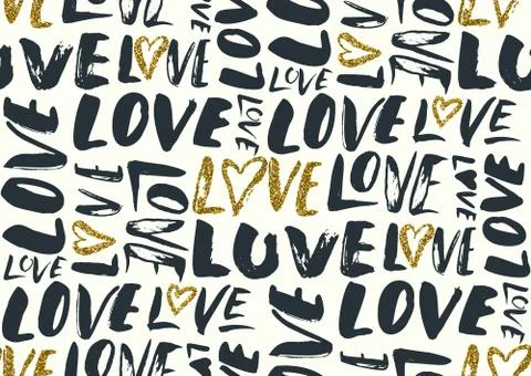 Seamless pattern with love words, hearts. Stock Illustration