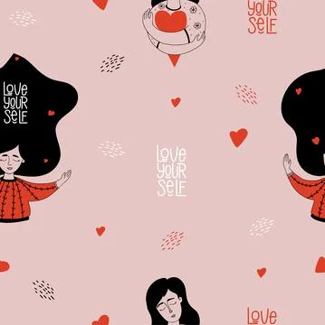 Seamless pattern Love yourself. Happy girls with big heart hugging themselves Stock Illustration