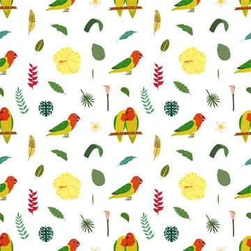 Seamless pattern with lovebird parrots on stick and tropical leaves and flowers. Illustrazione stock