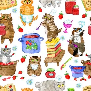 Seamless pattern with lovely bobtail cats cooking jam. Stock Illustration