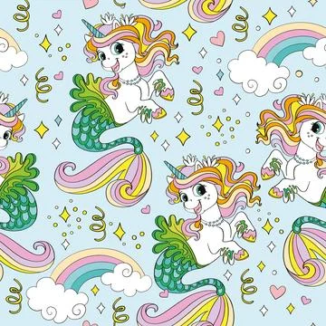 Seamless pattern with lovely sea unicorns mermaids vector Stockillustratie