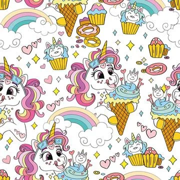 Seamless pattern with lovely unicorns and sweets vector Stock Illustration