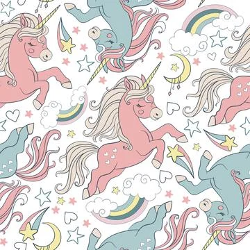 Seamless pattern with lovely unicorns in pastel colors Stock Illustration
