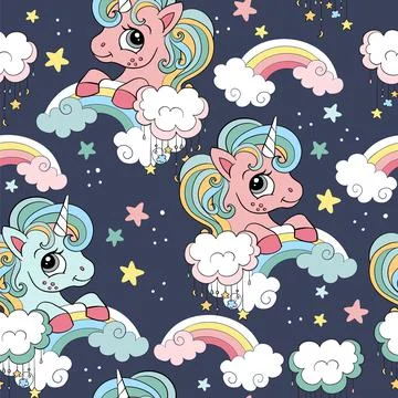 Seamless pattern with lovely unicorns on a rainbow Illustrazione stock
