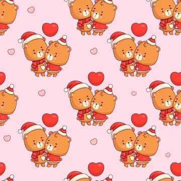 Seamless pattern with loving couple bear teddy on pink background with hear.. 스톡 일러스트
