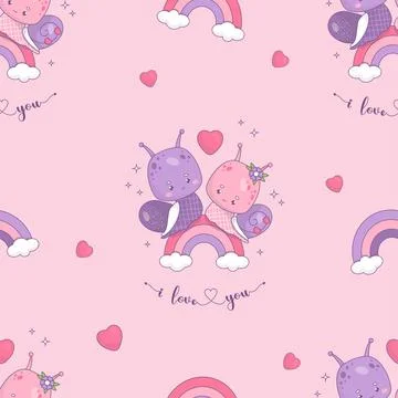 Seamless pattern with loving couple snails on rainbow on pink background wi.. Illustrazione stock
