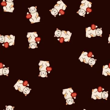 Seamless pattern Lucky cat holding money bag bringing fortune Stock Illustration