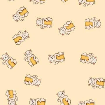 Seamless pattern Lucky cat waving paw holding gold bar Stock Illustration