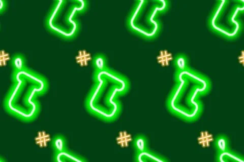 Seamless pattern of luminous neon gift socks with hashtag sign. Packaging or Stock Illustration