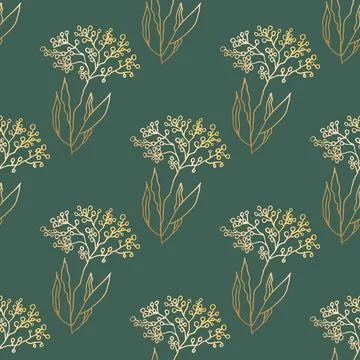 Seamless pattern. Luxurious gold and a twig on a green background. Floral Illustrazione stock
