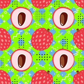 Seamless pattern with lychee fruit and geometric forms in the style of pop ar Stock Illustration
