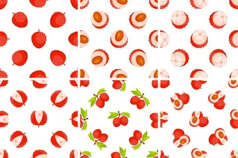 Seamless pattern with lychee fruit and slices showing the pulp and seed on white Ilustração Stock