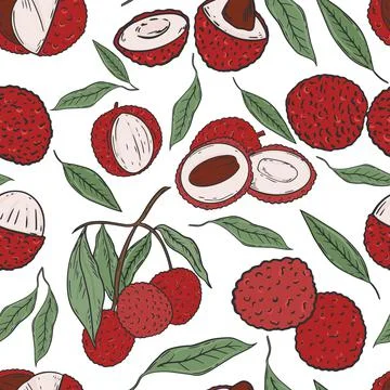 Seamless pattern with lychee fruits vector. Background with colored lychees. Stock Illustration