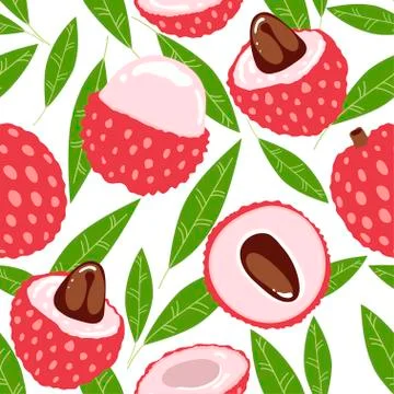 Seamless pattern of lychee - tropical fruit and leaves on white background. T Illustrazione stock
