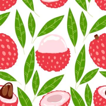 Seamless pattern of lychee - tropical fruit and leaves on white background. T Stock Illustration