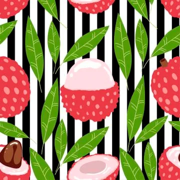 Seamless pattern of lychee - tropical fruit and leaves on striped background. Stock Illustration