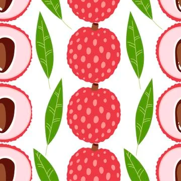 Seamless pattern of lychee - tropical fruit and leaves on white background. T Stock Illustration