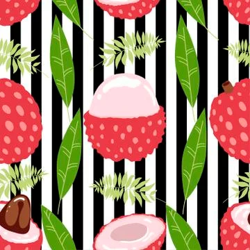 Seamless pattern of lychee - tropical fruit and leaves on striped background. Stock Illustration