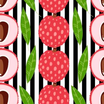 Seamless pattern of lychee - tropical fruit and leaves on striped background. Stock Illustration