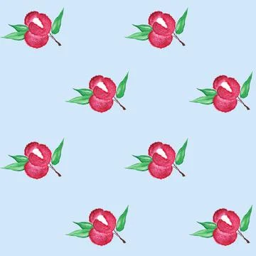 Seamless pattern with lychee tropical fruits on a blue background. Fresh exot Stock Illustration
