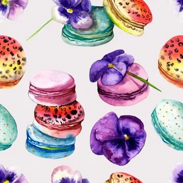 Seamless pattern macaroons monophonic and with animal coloring with viola flo Stock Illustration
