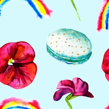 Seamless pattern of macaroons rainbow pansies on a blue background Stock Illustration