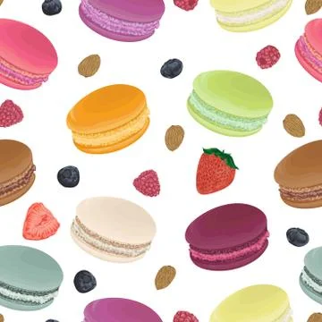 Seamless pattern with macaroons, strawberry, raspberry, blueberry and almond Stock Illustration