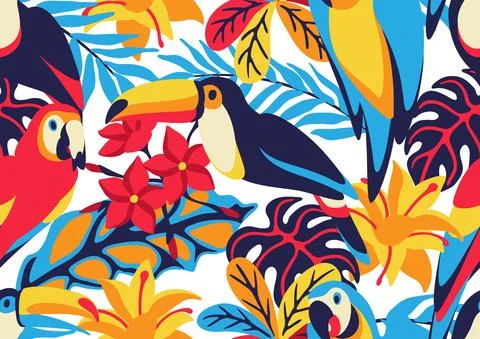 Seamless pattern with macaw parrot, toucan and tropical plants. Exotic Illustrazione stock