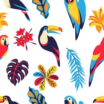 Seamless pattern with macaw parrot, toucan and tropical plants. Exotic Illustrazione stock