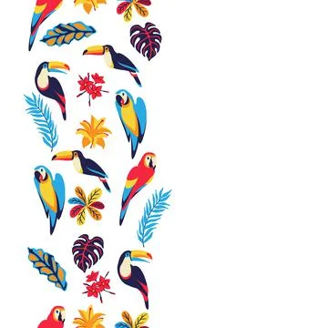 Seamless pattern with macaw parrot, toucan and tropical plants. Exotic Illustrazione stock
