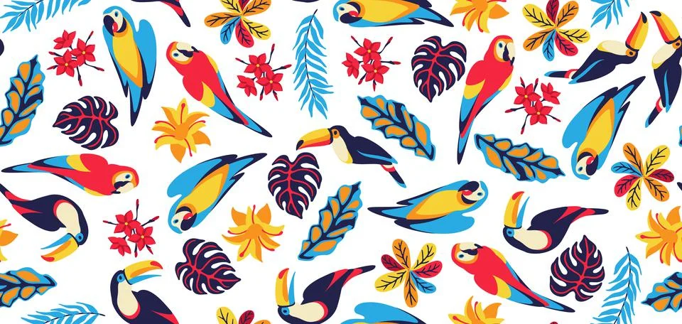 Seamless pattern with macaw parrot, toucan and tropical plants. Exotic Illustrazione stock